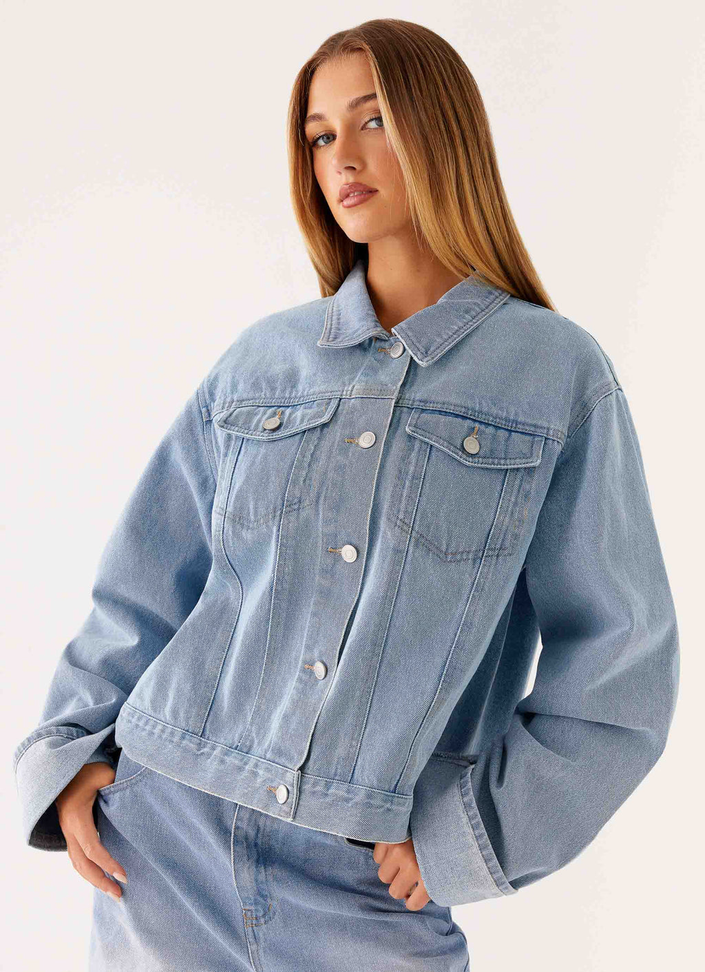Back Again Oversized Denim Jacket - Light Wash Blue