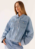 Back Again Oversized Denim Jacket - Light Wash Blue
