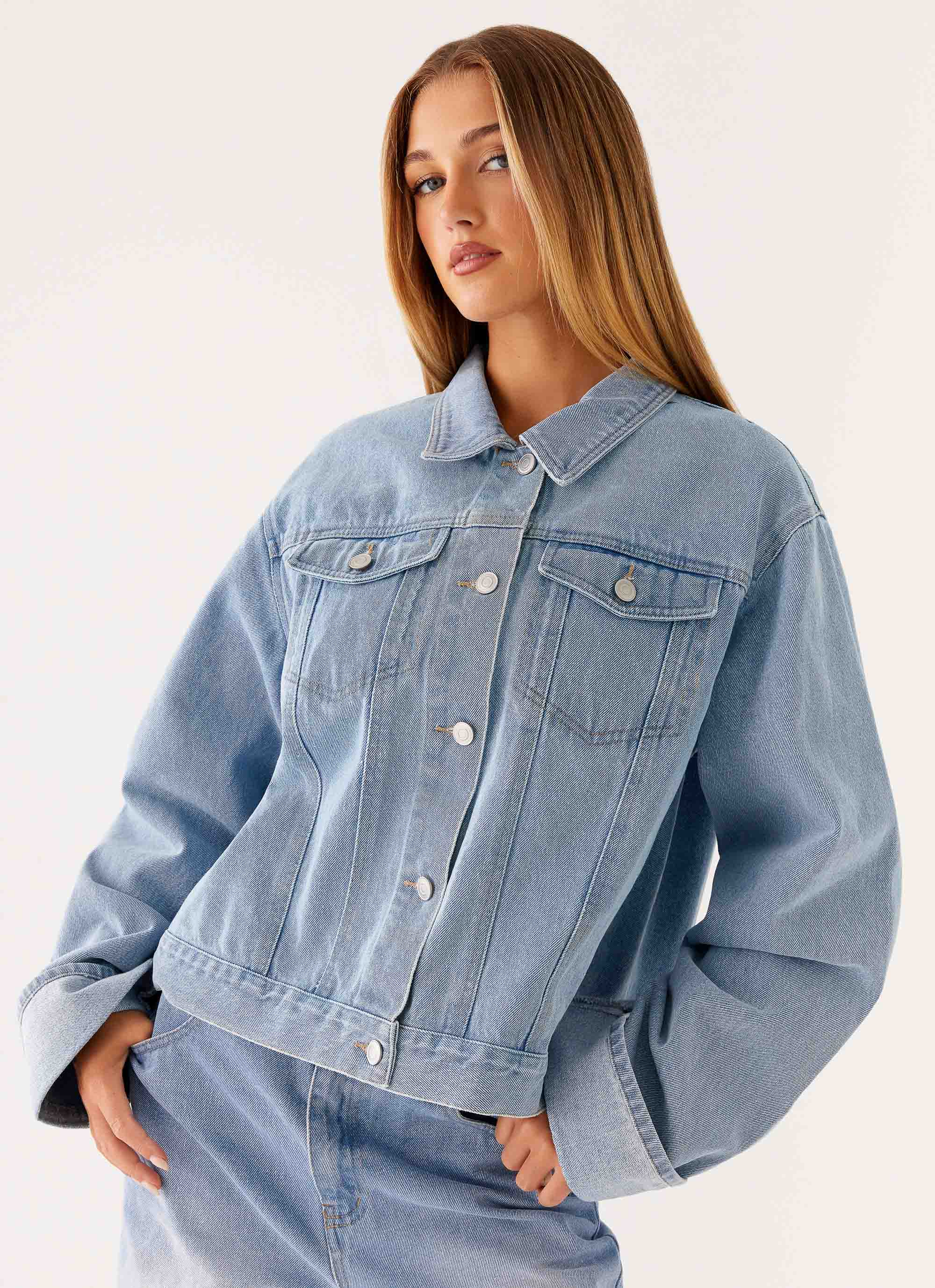 Back Again Oversized Denim Jacket - Light Wash Blue