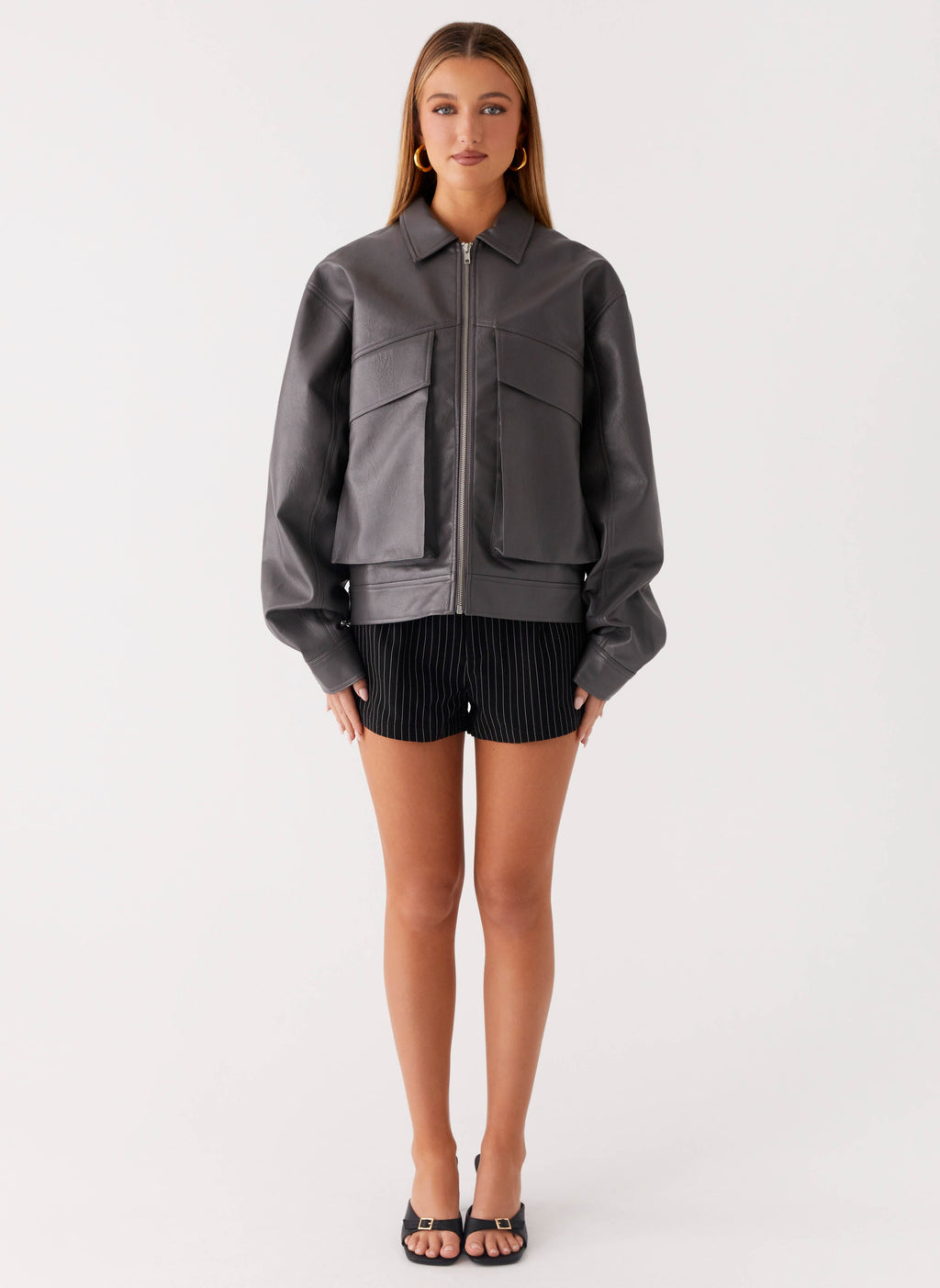 Lula Faux Leather Bomber Jacket - Charcoal