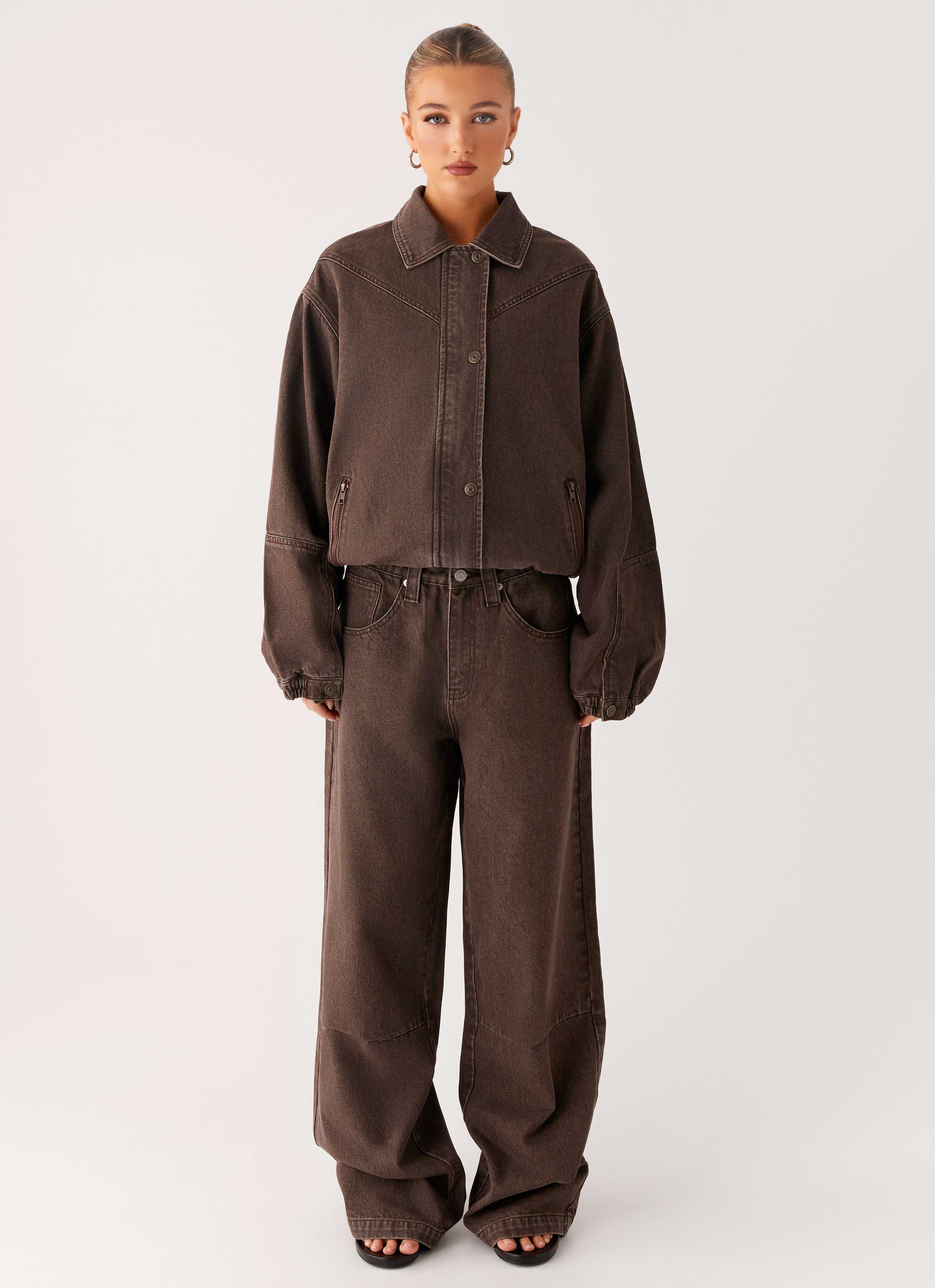 Midwest Washed Denim Bomber Jacket - Light Wash Chocolate