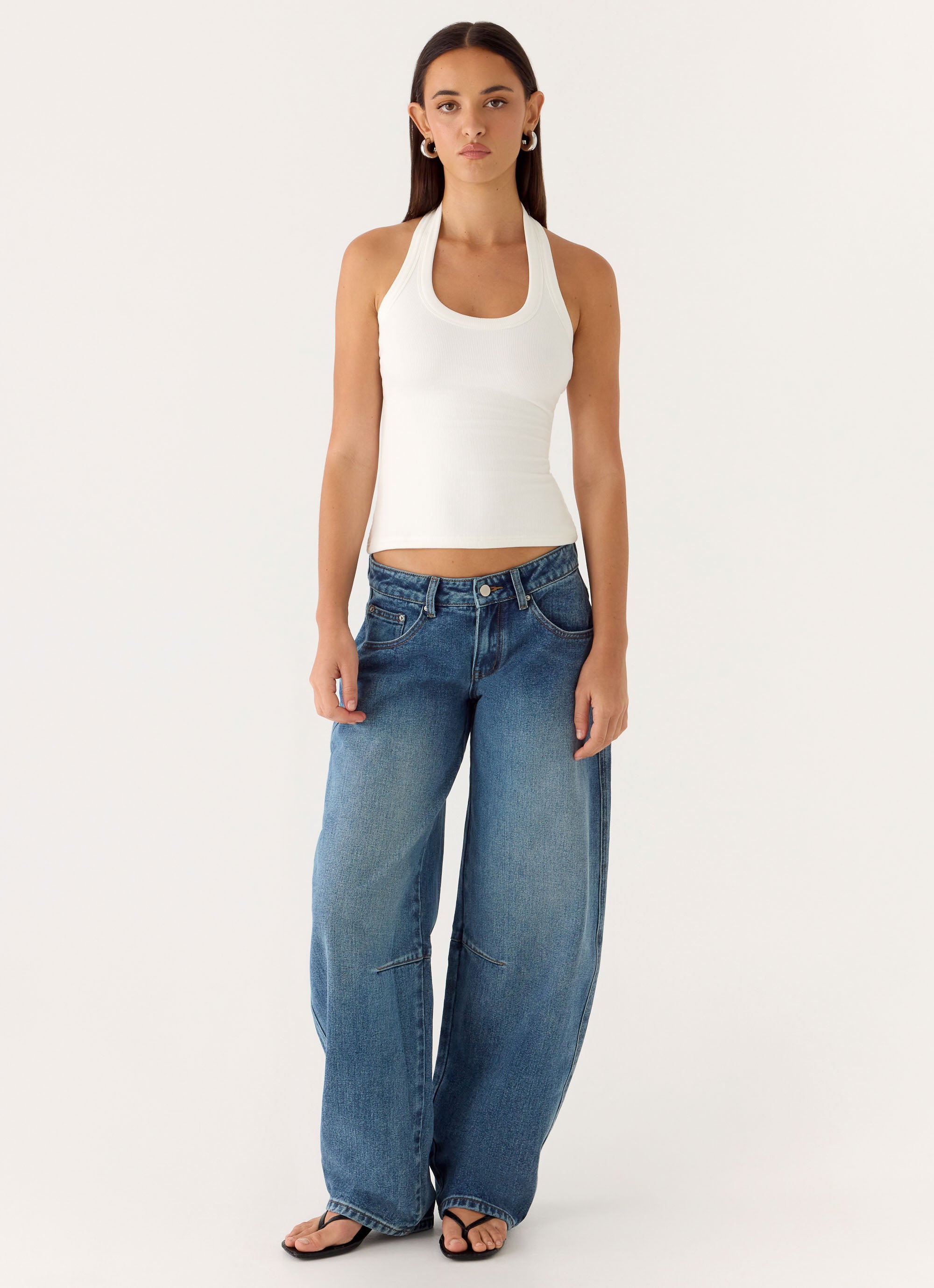 Stevie Low Rise Barrel Leg Jeans - Mid Wash Blue